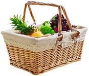 Yesland Wicker Picnic Basket with Liner and Handle, 15.5 x 12 x 6.5 Inches Large Willow Country Picnic Basket/Easter Basket for Bath Toy, Kids Toy Storage, Egg Gathering, Wedding and Candy Gift