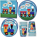 Train Party Supplies Tableware Set 24 9" Plates 24 7" Plate 24 9 Oz. Cups 50 Lunch Napkins Disposable Paper for All Aboard Choo Choo Birthday Decorations Dinnerware Trains Theme Decoration Railroad