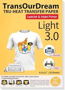 TransOurDream Tru-Heat Transfer Paper for Inkjet & Laserjet Printer (20 Sheets 8.5x11, 3.0) Printable HTV Heat Transfer Vinyl for T Shirts Iron on Transfers for Light Fabrics (TRANS-L3-1-20)