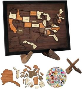 Wooden USA Travel Map Puzzle with Stand 12x10 Inch Laser Cut Solid Wood US Travel Tracker, 50 Removable State Pieces & 100 USA Stickers, Wall Desktop Home Decor Gift for Couples Family Travelers
