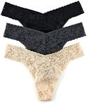 hanky panky - Signature Lace Original Rise Thongs for Women (3 pack) | One Size fits 4-14 | Chai/Black/Granite | No VPL, Soft Nylon Stretchy Lace, Underwear Panties