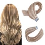 KOCONI 16 Inch Tape Hair Extensions Human Hair Invisble Tape in Hair Extensions Real Human Full Head Tape in Hair Extensions Hair Light Brown Mixed Platinum Blonde Highlight 40g/Pack 20Pieces #9A/60