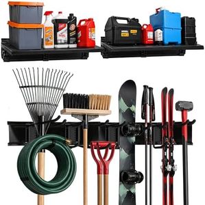 TIDYME Heavy-Duty Garage Wall Storage System | Wall Mounted Tool Organizer Rack with Shelving | 12-Piece Mounting Kit | 6x10” Double-Layered Hooks & 2x24” Floating Utility Shelves