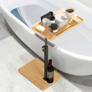 Rectangular Bathtub Tray Table with Adjustable Height,Foldable Bamboo Bath Caddy Tray for Tub Against Wall,Liftable Bathtub Side Table for Luxury Bath Spa