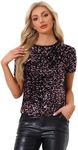 Allegra K Women's Velvet Sequin Top Crew Neck Short Sleeve Party Clubwear Blouse Black Pink Small