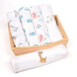 MOM'S HOME Organic Cotton Baby Muslin Swaddle -100X100 Cm (Pack Of 5, Animal Mix), White