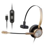 Gold One Ear USB-C Headset for Office Work- Wired USB Type C Headphone for Computer, Laptop, and Mobile, Optimized for Dragon Dictation, Skype,Teams, Zoom,Webex,Ringcentral Conference Softphones