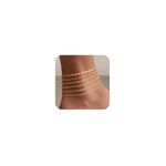 TEWIKY Waterproof Ankle Bracelets for Women, 14K Real Gold Filled Anklets for Women 6PCS Thiny Herringbone Box Paperclip Bead Figaro Cuban Link Anklet Set Dainty Gold Jewelry for Women Cute Summer