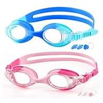 Kids Swim Goggles, 2 Pack Swimming Goggles for Kids Age 3-14, Anti-Fog, UV Protection, NO Leaking Silicone Kids Goggles for Boys Girls Swim Goggle (Blue/Pink)