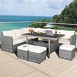 DORTALA 7 PCS Wicker Patio Furniture Set, All Weather Outdoor Rattan Sofa Set with Soft Cushions, Sectional Conversation Couch Set w/Dining Table & Ottomans for Backyard Garden Poolside Balcony, White