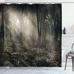 ABAKUHAUS Gothic Shower Curtain, Photo of Dark Forest Scenery Sunbeams and Fog Vintage Nostalgic Colors Fantasy Art, Cloth Fabric Bathroom Decor Set with Hooks, 78 Inches, Brown