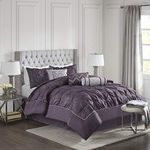 Madison Park Laurel Cal King Size Bed Comforter Set Bed in A Bag - Purple, Wrinkle Tufted Pleated - 7 Pieces Bedding Sets - Faux Silk Bedroom Comforters