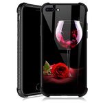 iPhone 7/8 Case,Wine Cup Rose iPhone SE2 Cases for Girls,Tempered Glass Back Cover Anti Scratch Reinforced Corners Soft TPU Bumper Shockproof Case for iPhone 7/8/SE2 Red Flower Noble