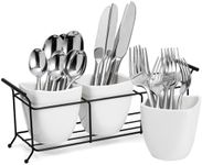 3 Piece White Ceramic Utensil Holder with Metal Stand, Flatware Caddy for Cutlery, Silverware, Kitchen Organizing (White, 33 x 10.2 x 12.7 cm)