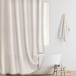 BESBESME Boho Farmhouse Shower Curtain Set with Hooks, Striped Linen Heavy Duty Fabric Shower Curtain for Bathroom, Water Repellent Rustic Vintage Country Shower Curtain with Tassels, Beige, 72"x72"