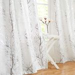 Fmfunctex White Semi Sheer Voile Curtains for Living Room 90 Drop Eyelet Curtains for Bedroom Branch Silver Foil Curtains Linen Textured Light Filtering Window Curtain Drapes for Dining Room 2 Panels