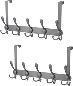 Encozy Over The Door Hooks (2-Pack), Heavy Duty Door Hanger with 5 Tri-Hooks for Hanging Clothes, Coats, Towels, Matte Gray OTD Storage Rack, Fits Standard 1-3/4" Doors, 60 lbs Max Per Rack