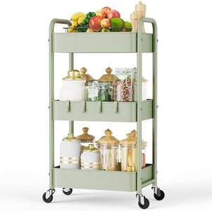 LEHOM 3 Tier Rolling Storage Cart, Metal Trolley Utility Cart with Wheels & Hooks, Easy Assembly Organizer Storage Cart for Bathroom Kitchen Office Bedroom (Green)