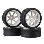 BQLZR 12mm Hex White 7 Spoke Plastic Wheel Rims & Black Arrow Pattern Rubber Tyres Tires fit RC 1:10 On Road Racing Car Pack of 4