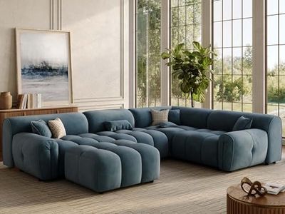 POVISON 135'' Oversized U-Shaped Sectional Sofa with Ottoman, Deep Seat Minimalist Mid Century Modern Couch, Extra Large Tufted Curved Sofa, Waterproof Corner Couches for Living Room, Navy Blue