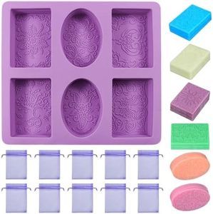 MININUSI Moldes para Jabones Artesanales 6 Cavidades Moldes de Silicona Jabones Moldes Caseros para Jabones Artesanales Moldes Silicona para Jabones Estampado de Flores, Rectángulo y Óvalo + 10 Bolsas