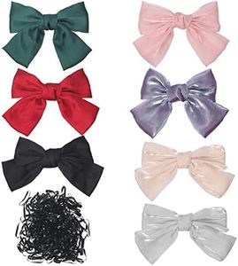 Swpeet 7 Pack Multicolor Big Satin Hair Bow Tie Hair Pin with 260Pcs Rubber Bands Assortment Kit, Cute French Hairpin Satin Silk Bow Hair Bowknot Satin Hair Bows Hair Ribbon Accessories for Women Girl