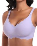 Ganado Wireless V Neck Bras for Women Scalloped No Underwire Bras Padded T-Shirt Bra Support Bralette with Extra Bra Extender (Purple, Large)