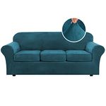 H.VERSAILTEX Modern Velvet Plush 4 Piece High Stretch Sofa Slipcover Strap Sofa Cover Furniture Protector Form Fit Luxury Thick Velvet Sofa Cover for 3 Cushion Couch, Machine Washable(Sofa,Deep Teal)