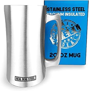 Stainless Steel Insulated Beer Mug: Real Deal Steel 20 Oz Beer Stein with Welded Handle and Clear Plastic Lid - Large Metal Tankard for IPA, Coffee, Tea - Double Walled Mugs for Hot or Cold Drinks