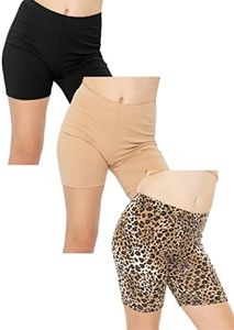 STRETCH IS COMFORT Girl's Cotton Biker Shorts 3 Pack Black|Beige|Brown Cheetah Large