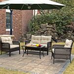 DEVOKO 4PCS Patio Wicker Furniture Set Loveseat Sofa Coffee Table Dark Brown Rattan Chairs and Cream Cushions Outdoor Furniture for Backyard, Garden, Blacony