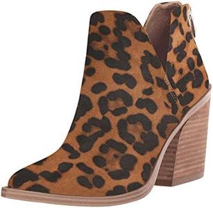 Kathemoi Womens Ankle Boots Slip on Cutout Pointed Toe Leopard Chunky Stacked Mid Heel Booties