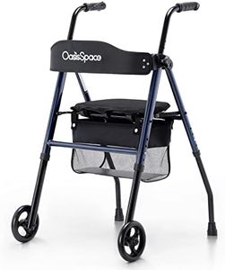 OasisSpace Folding Walker with Seat, 6” Front Wheel Walkers for Senior, 3 in 1 Adult Standard Walker with Backrest & Storage Bag Support up to 300lbs Blue