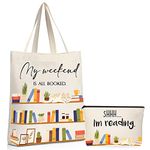 2 Pcs Book Lovers Gifts Bookshelf Tote Bag Makeup Reading Canvas Bag Reusable Book Tote Bag Cosmetic Pencil Cases School Bag Gift with Metal Zipper for Women Girls Teacher (Classic Style)