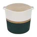 Navaris Cotton Rope Basket - 45 cm Diameter x 38 cm Height Storage Basket with Handles for Laundry, Blankets - Dark Green/Natural/Off-White