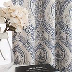 JINCHAN Linen Textured Curtains for Bedroom Damask Printed Drapes Vintage Linen Look Medallion Curtain Panels Window Treatments Room Darkening for Living Room Patio Door 2 Panels 96 Inches Long Blue