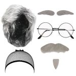 LOOPES 7pcs Old Man Costume Accessories Grandpa Costume Set Grandfather Fancy Dress Kit with Gray Mustache Eyebrows Wigs&Cap Glasses for Halloween World Book Day Party Retro Stage Cosplay