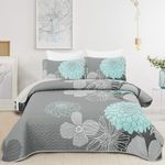 Green Floral Pattern Full Size Quilt Set - 3 Pieces Quilt Coverlet Elegant Bohemian Bedspread with 2 Pillowcases Soft Lightweight Bedding Quilt Set for All Season