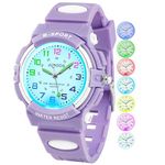 Juboos Kids Watch Analog with 7 Colorful Night Lights Boys Girls Waterproof Soft Strap Kids Time Teaching Quartz Wristwatch for Ages 5-18, Kids Gifts (Purple)