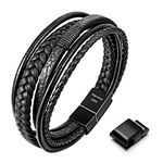 Speroto Mens Bracelet, Adjustable Mens Leather Bracelet with Stainless Steel Magnetic Clasp, Multi-Layer Braided Genuine Leather Bracelet for Men and Women (8.7", Black-rope A)