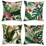 Bonhause Tropical Leaves Cushion Covers 45 x 45 cm Green Leaf Plant Decorative Throw Pillow Covers Polyester Linen Pillowcases for Sofa Patio Garden Outdoor Decor Set of 4