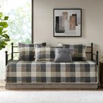 Madison Park Ridge Daybed Cover Set - Cabin Lodge Plaid Herringbone Print Reversible Design, All Season Luxury Bedding with Bedskirt, Matching Shams, Decorative Pillow, 39"x75", Neutral 6 Piece