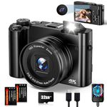 Digital Camera 4K 64MP Autofocus Vlogging Camera with Rear and Front Camera, 4K Compact Digital Camera with 32GB Card, 16X Digital Zoom, 2 Batteries, Flash, Anti-Shake (Black)