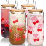 Mason Life Cherries Bows Glass Cups with Lids and Straws, 18OZ Cute Glass Cups, Drinking Glasses for Women, Iced Coffee Glasses Cup, Smoothie Cups, Reusable Cup Drinking Glass -Set of 4