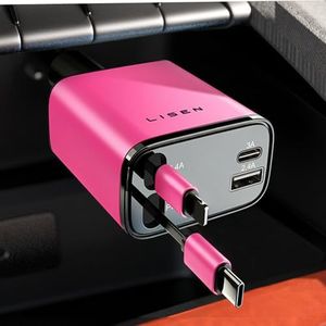 LISEN Retractable Car Charger, 84W Car Charger USB C Fast Charger Adapter, Car Accessories for Men Women, Gifts for Fathers Day for Men Dad Husband, for iPhone 17 16 15 14 13 12 Pro Max, Pink-Black