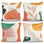 TOCHGREEN Abstract Boho Pillow Covers 18x18 Set of 4 Spring Summer Geometric Floral Plants Throw Pillow Case Minimalism Rustic Linen Decorations Cushion Case for Couch Sofa Bed Outdoor Home Decor