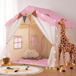 besrey 2 In 1 Kids Play Tent, Kids Tent indoor with mat and lights, Children play house indoor, Reading tent for kids, princess Children's Tent for inside pink