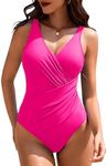 AI'MAGE Women One Piece Swimsuit 2025 Tummy Control Ruched Bathing Suit Slimming Push Up Swimwear, Hot Pink L