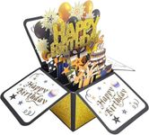 Pop Up Birthday Gift Card, 3D Black Gold Boxed Happy Birthday Greeting Card with Envelope and Note Tag for Kid Boy Girl Husband Wife