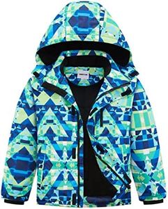 UMMTOM Boys Waterproof Ski Jacket Fleece Lined Warm Winter Snow Coat Hooded Winter Jacket for Kids(Green Geometry,5-6)